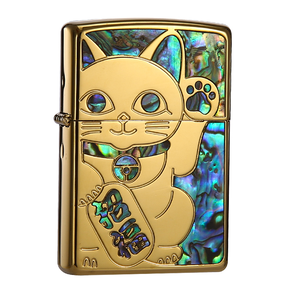 Bật lửa zippo khảm trai mạ vàng mèo thần tài ZN149